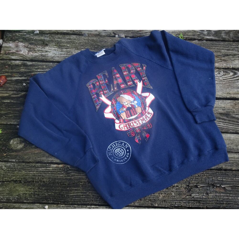 Cute Vintage Teddy Bear Santa Beary Christmas Sweatshirt Sz Large Plaid Print